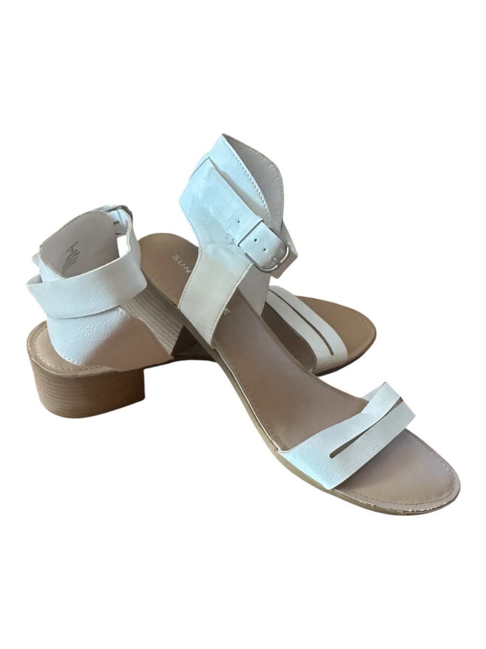 SUN STONE Women’s Alecta White Block Heel Sandals – Size 11M